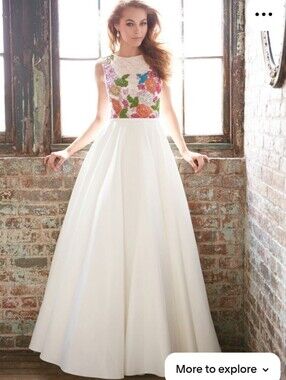 Madison James Long White Sleeveless Lace Floral  Bodice Gown